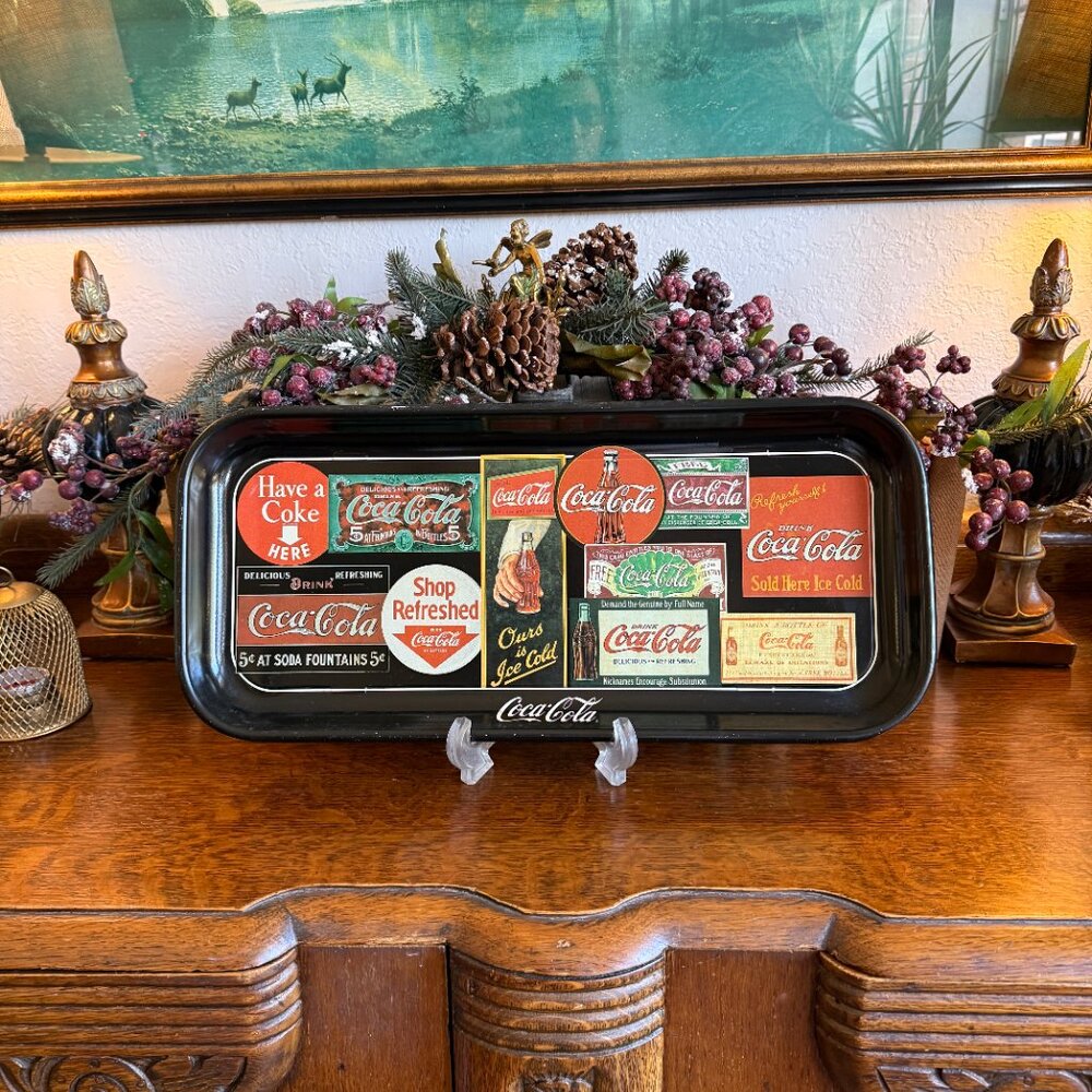 1995 Black Metal Coca Cola Tray Featuring a Collage of Vintage Advertisements - Picture 3 of 13